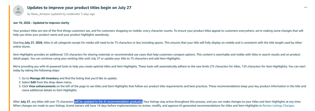 Screenshot of Seller Central discussion post, describing Amazon updates titled "Updates to improve your product titles begin July 27"
